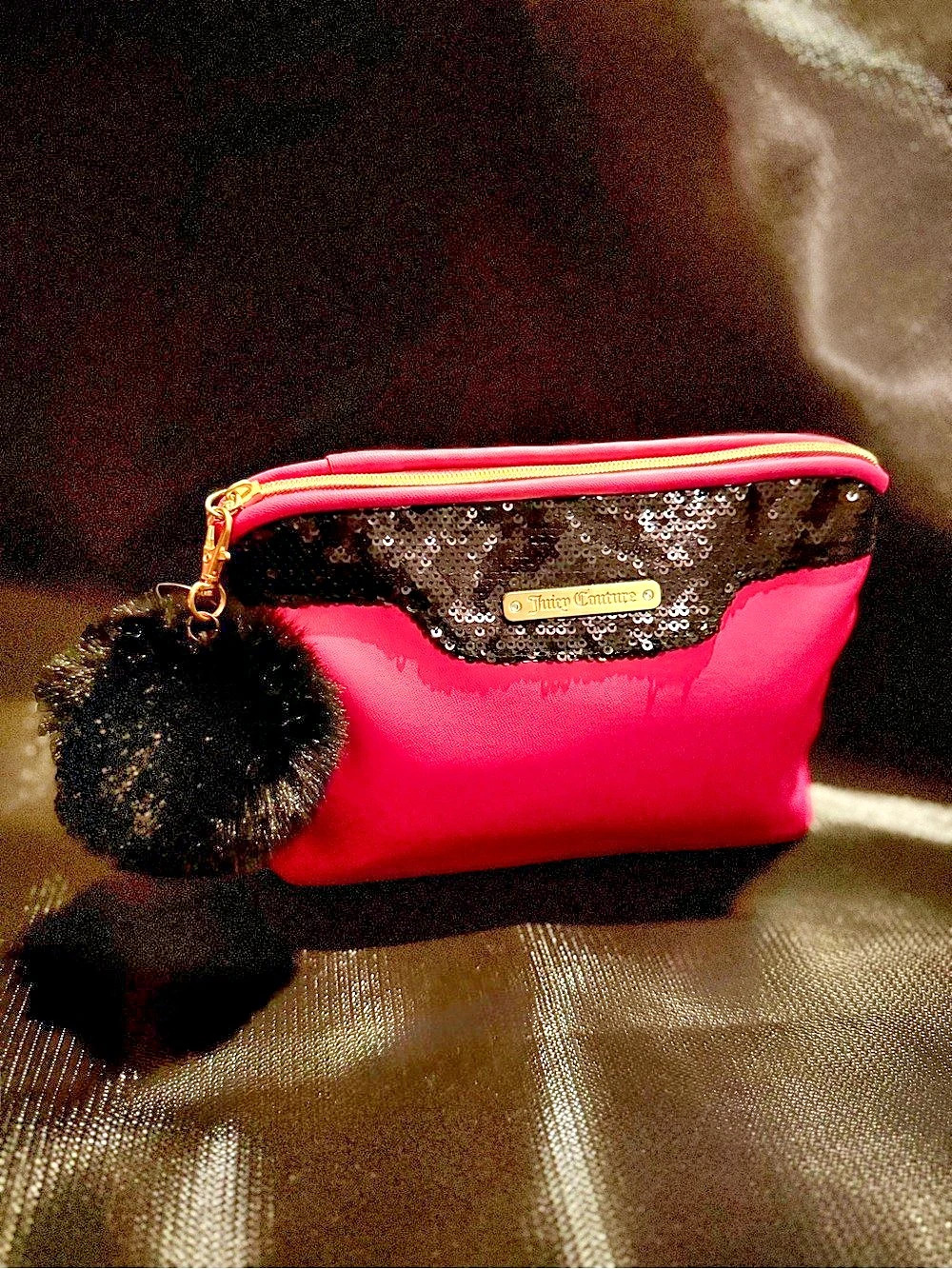 Juicy Couture Hot Pink Glam Sequin Pouch + Fluffy Pom Pom Charm - Y2K Princess G